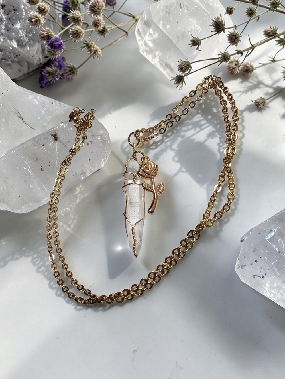Gold Crystal Point Pendant Necklace - Clear Quartz